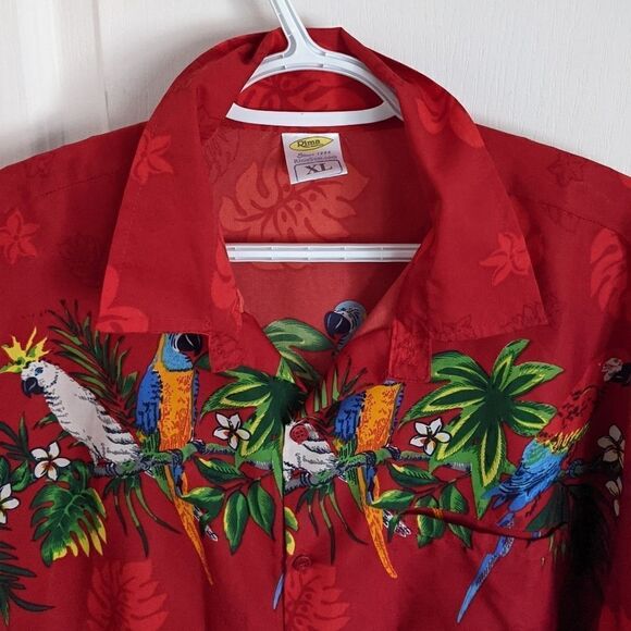 Rima Red Tropical Flowers Parrot Hawaiian Style Button Down Shirt Size XL @Z - Picture 3 of 10